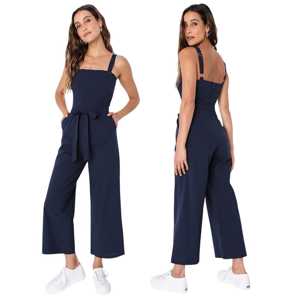 Lulus Lucky For Me Navy Blue Cotton Sleeveless Cropped Jumpsuit size M NWT